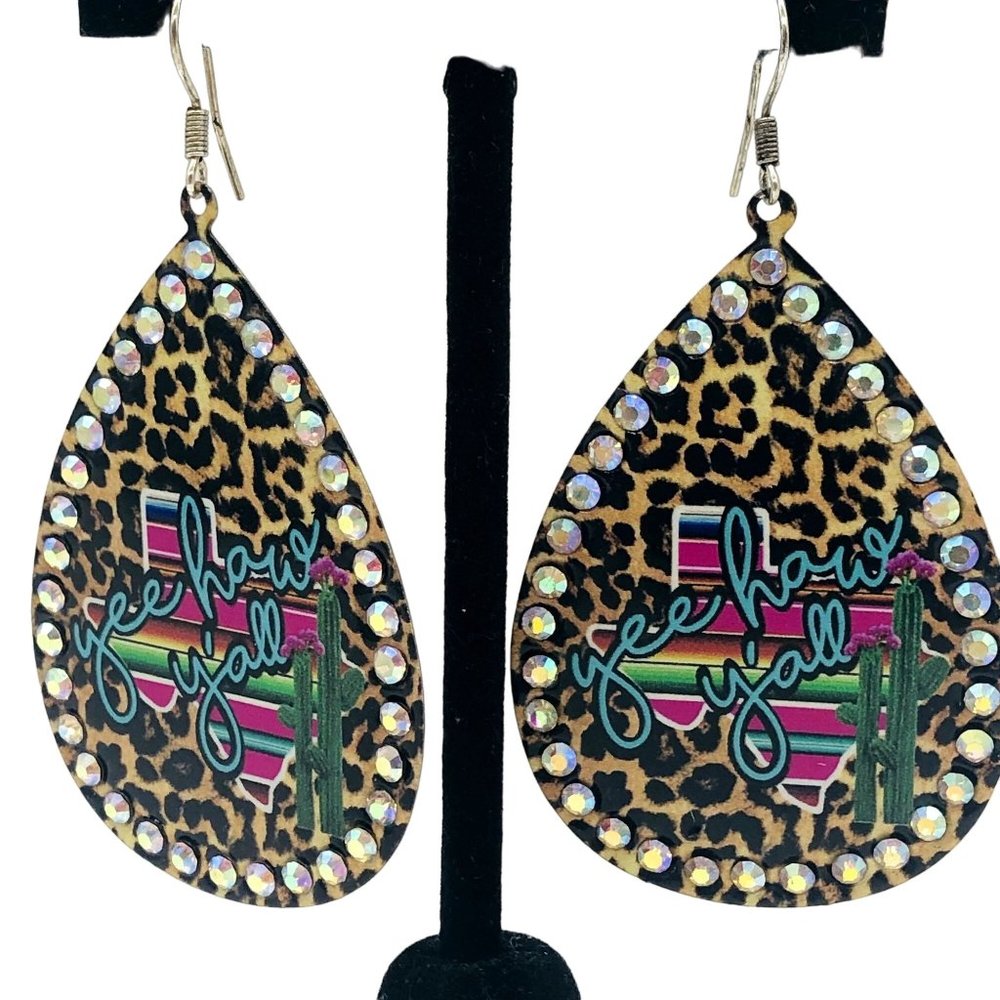 Western Cowgirl Dangle Hook Earrings Animal Print Texas Yee Haw Y'all Rhinestone